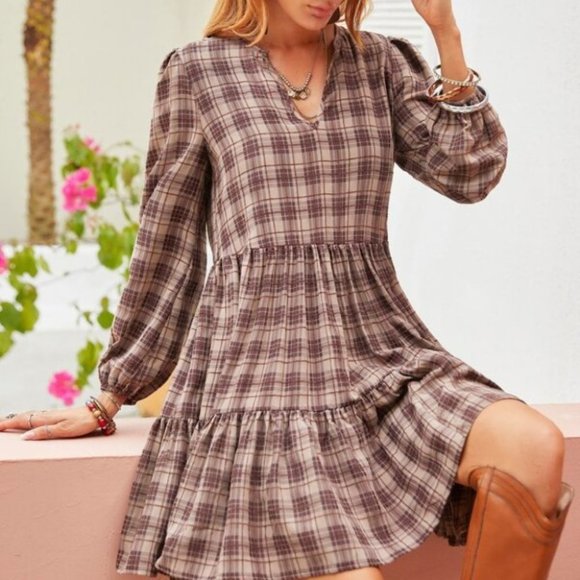 Plaid ruffle hem lantern sleeve dress Tan - Picture 2 of 7